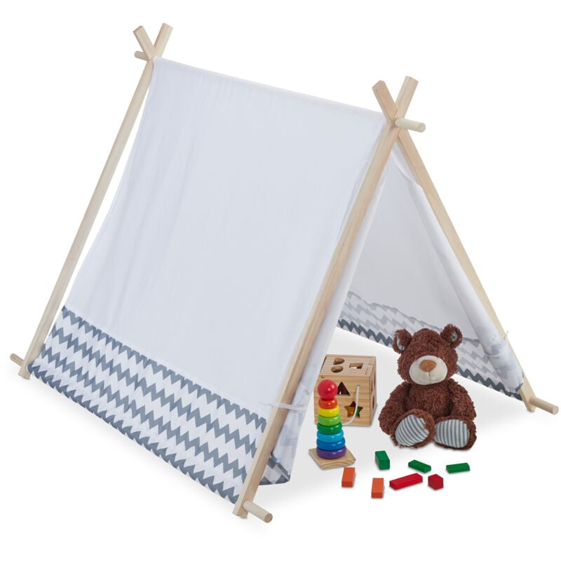 foto del prodotto tenda da indiani per bambini, con fondo, teepee giocattolo con custodia, hlp 92 x 92 x 120 cm, bianca grigia relaxdays