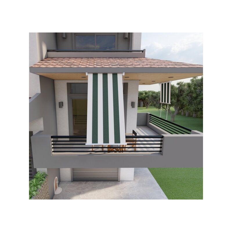 foto del prodotto tenda da sole a caduta con bracci 150cm telo impermeabile verde e bianco golisa