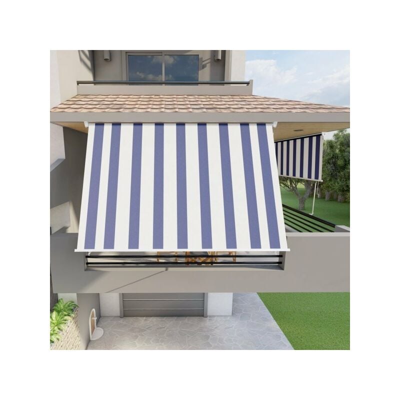 foto del prodotto tenda da sole a caduta con bracci 300cm telo impermeabile bianco blu golisa