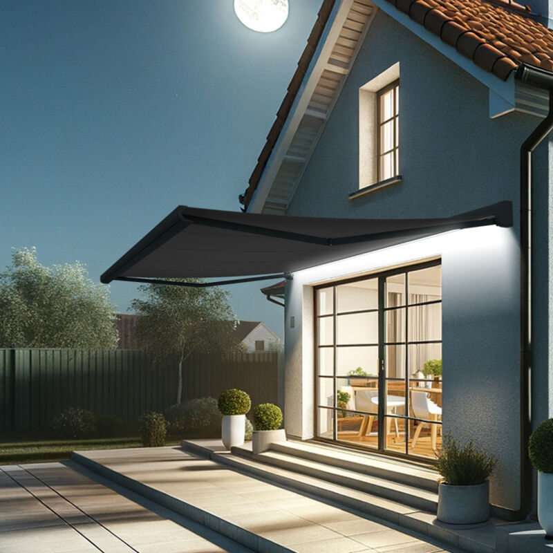foto del prodotto tenda da sole a cassonetto integrale celeste 5,00x3,00 m telecomando con manovra di emergenza led grigio antracite grigio 