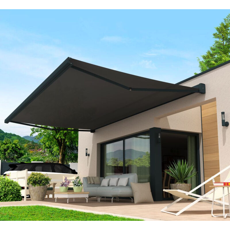 foto del prodotto tenda da sole a cassonetto integrale lebron 4,00x3,50 m telecomando con manovra di emergenza led grigio antracite grigio microforato p128 