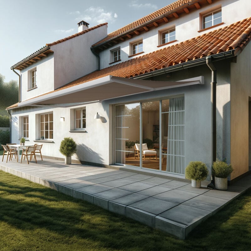 foto del prodotto tenda da sole a cassonetto integrale soa 5,00x3,50 m (telecomando con manovra di emergenza - bianco satinato ral9010 - grigio talpa 250gr/m )