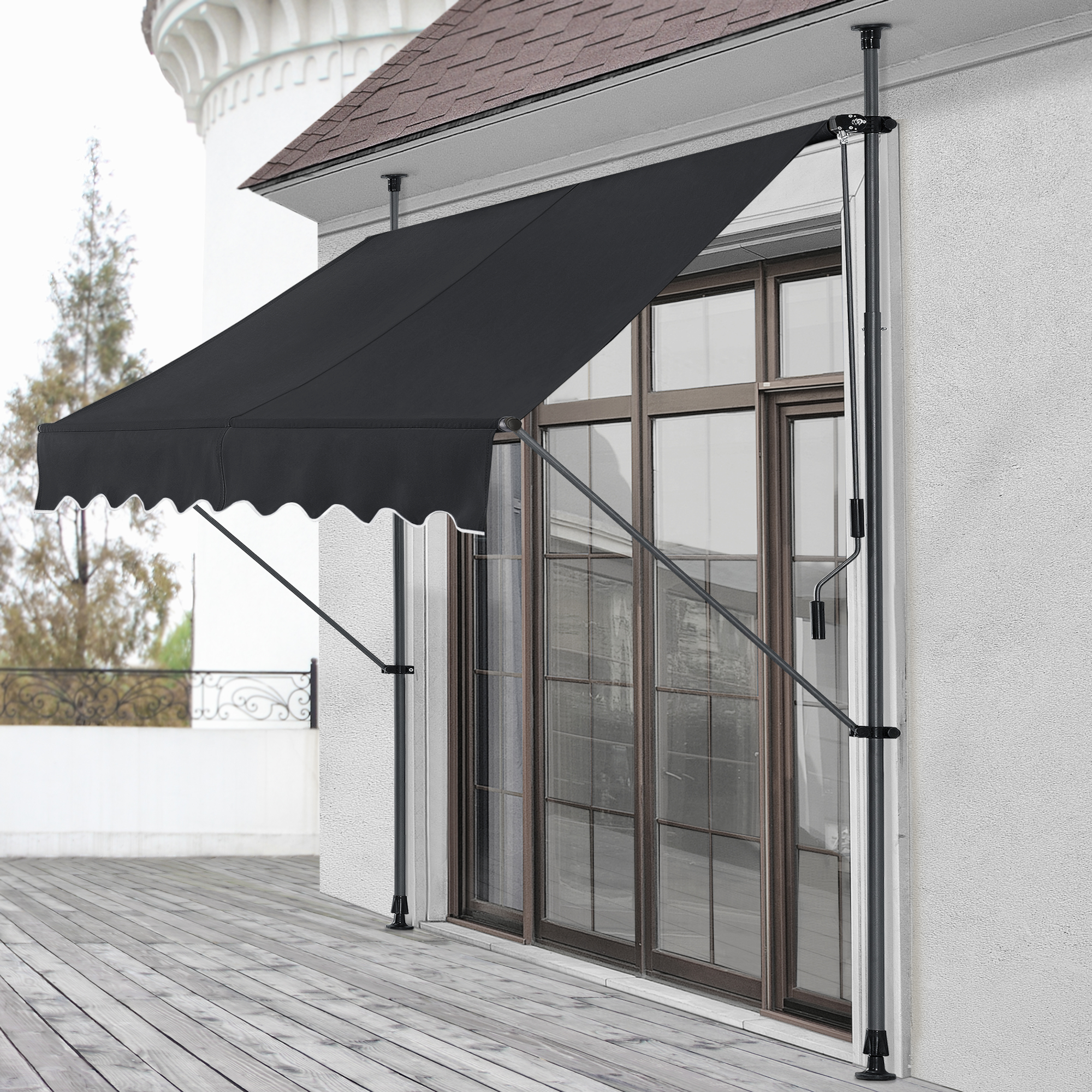 foto del prodotto tenda da sole a muro con pali di supporto telescopici parasole 300 x 120 cm lxp nero pro.tec