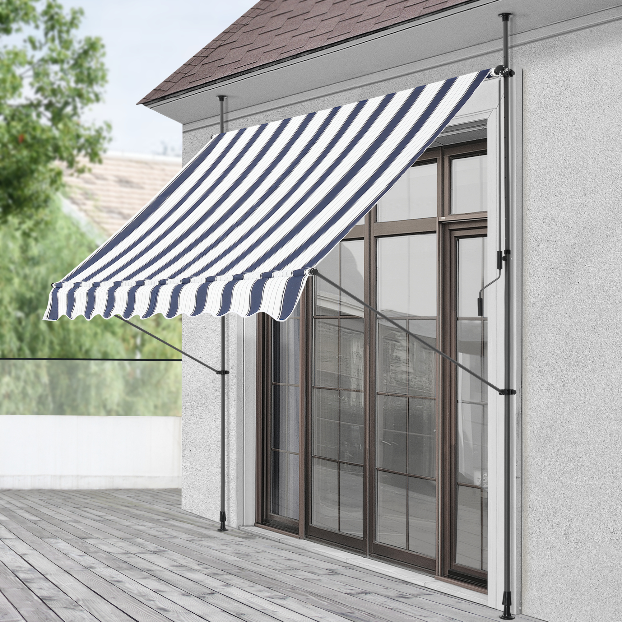 foto del prodotto tenda da sole a muro con pali di supporto telescopici parasole 350 x 120 cm lxp blu scuro bianco pro.tec