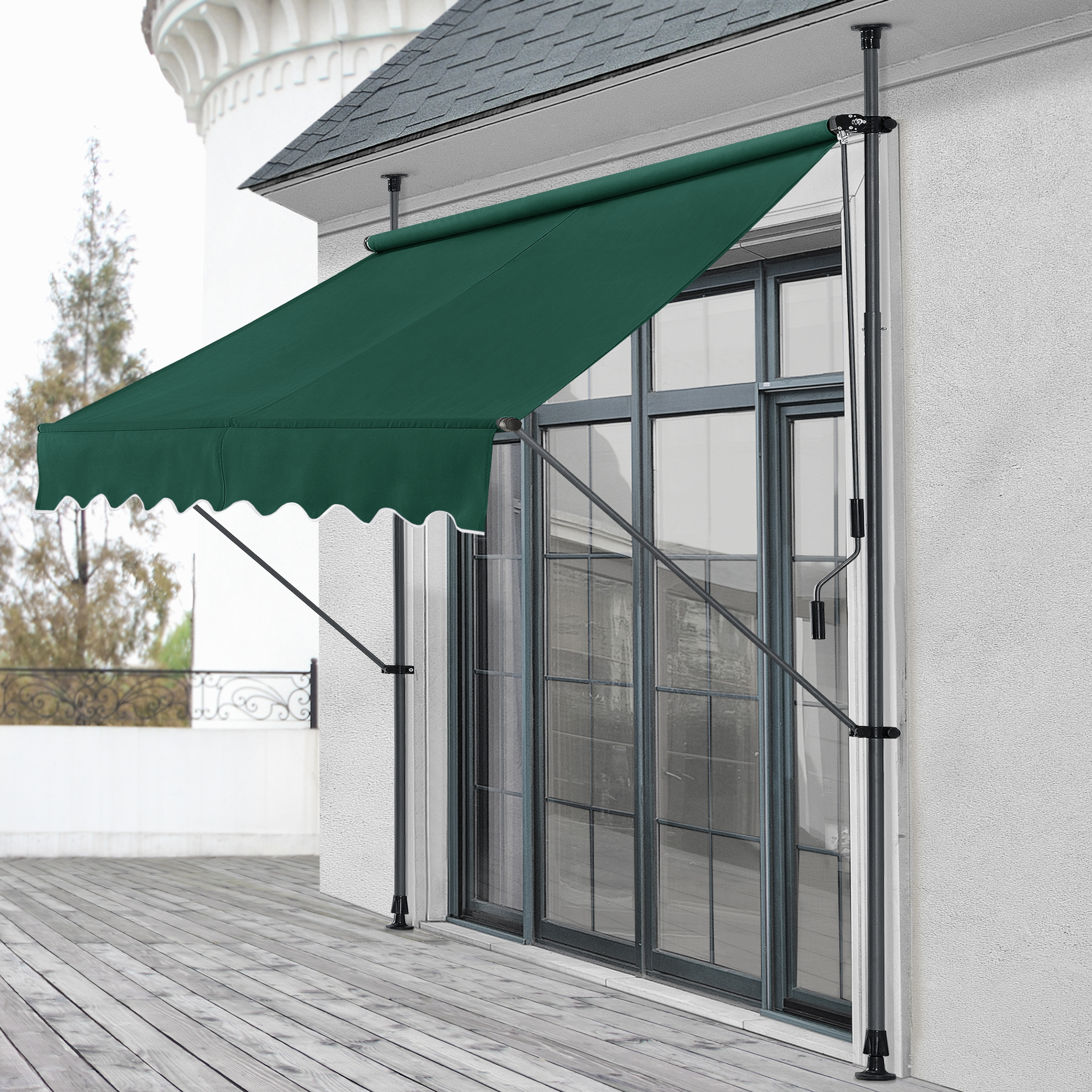 foto del prodotto tenda da sole a muro con pali di supporto telescopici parasole 400 x 120 cm lxp verde scuro pro.tec