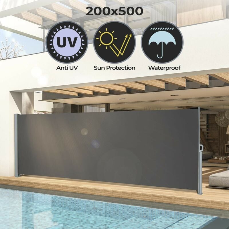 foto del prodotto tenda da sole laterale 500 x 200 cm, anti uv, frangivento, frangivista, privacy, antracite paravento laterale, rettratile, a