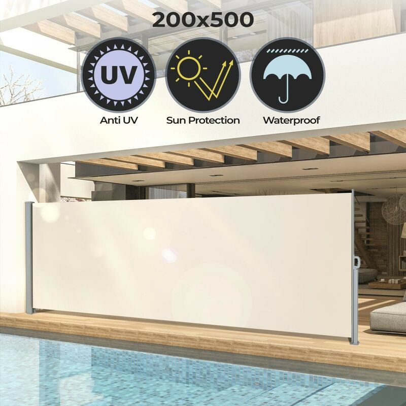 foto del prodotto tenda da sole laterale 500 x 200 cm, anti uv, frangivento, frangivista, privacy, beige paravento laterale, rettratile, avvol