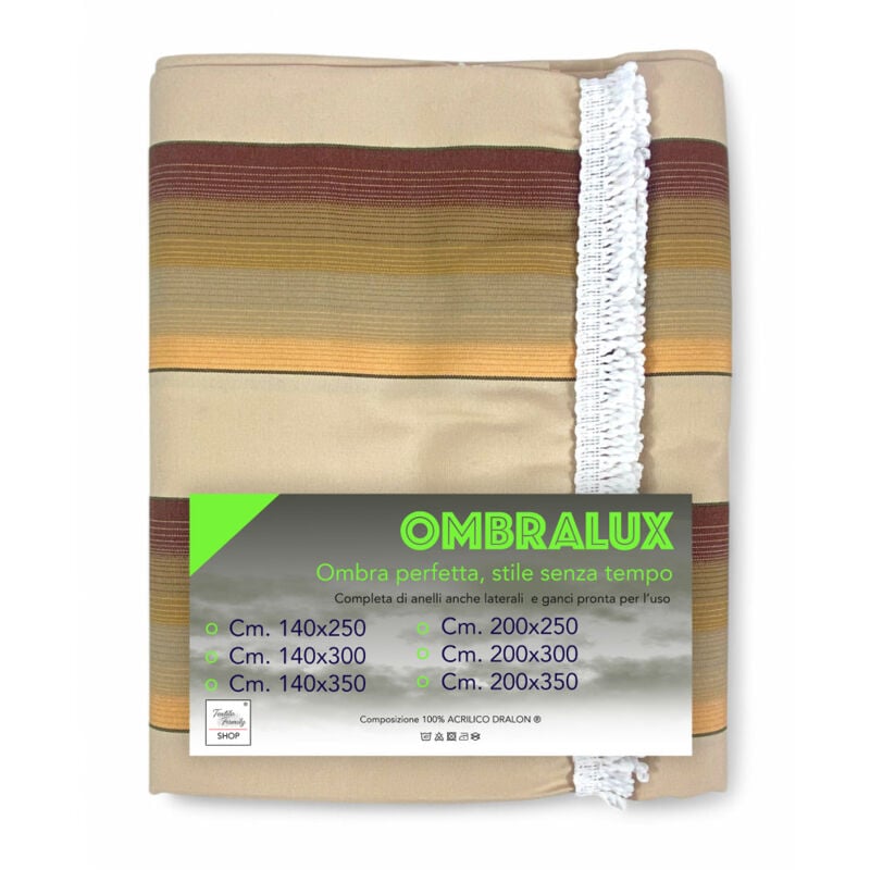 foto del prodotto tenda da sole ombralux malta acrilico dralon beige righe marroni occhielli acciaio, made in italy cm. 140x250