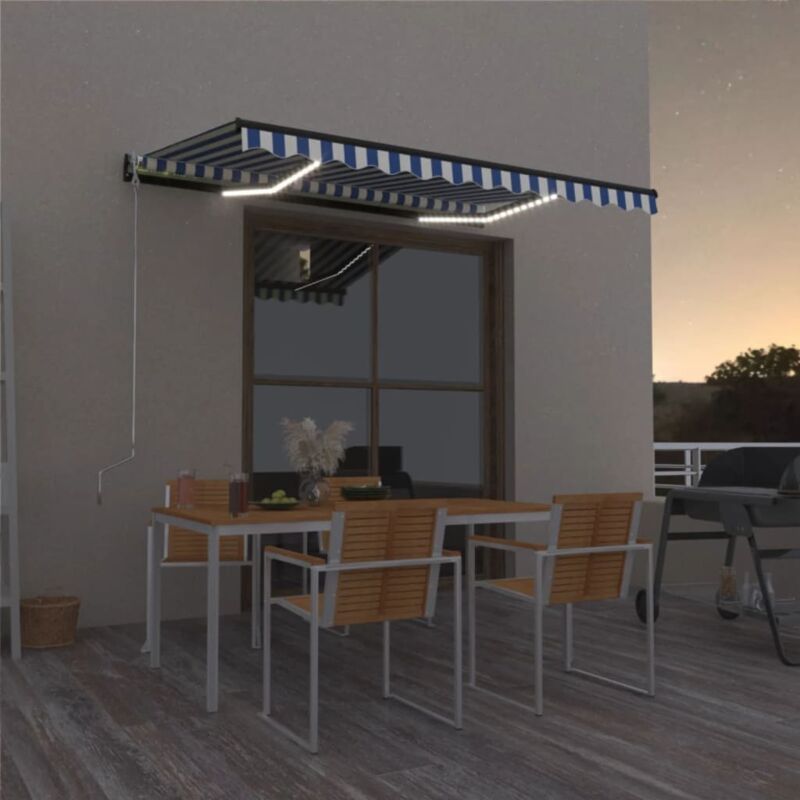 foto del prodotto tenda da sole retrattile manuale con led 400x300cm blu e bianco
