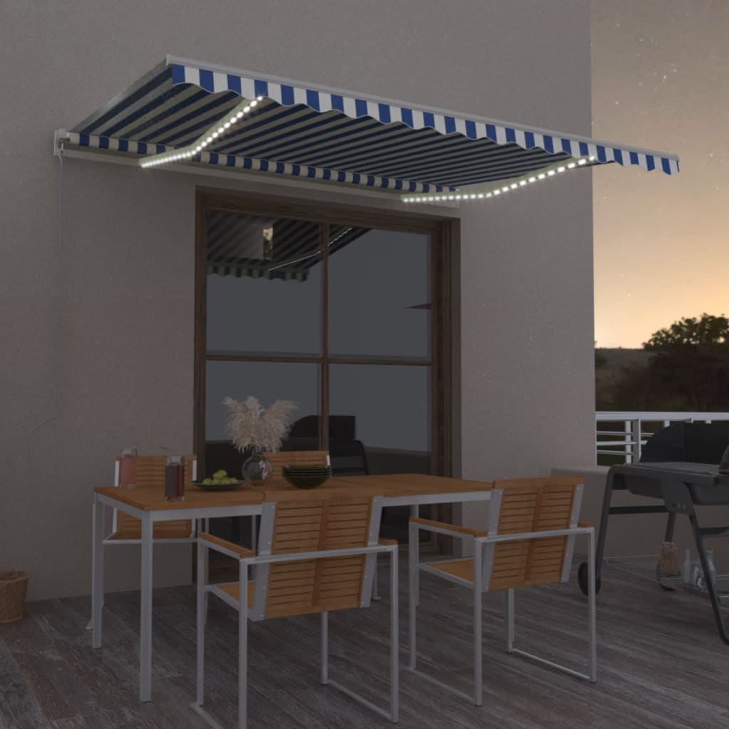 foto del prodotto tenda da sole retrattile manuale con led 400x350 cm blu bianco cod mxl 43678