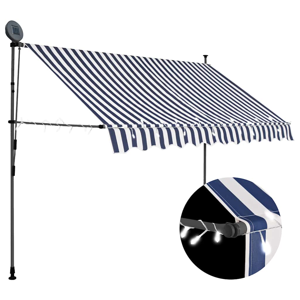 foto del prodotto tenda da sole retrattile manuale con led blu e bianco varie dimensioni dimensioni 250 cm