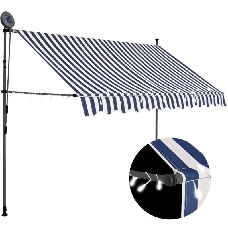 foto del prodotto tenda da sole retrattile manuale con led blu e bianco varie dimensioni dimensioni 300 cm
