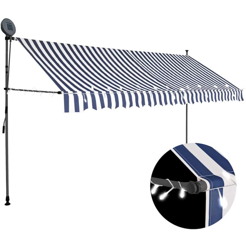 foto del prodotto tenda da sole retrattile manuale con led blu e bianco varie dimensioni dimensioni 400 cm