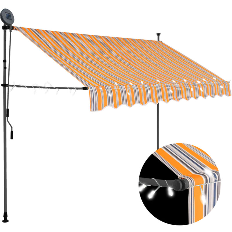 foto del prodotto tenda da sole retrattile manuale con led in tessuto giallo e blu varie dimensioni dimensioni 300 cm