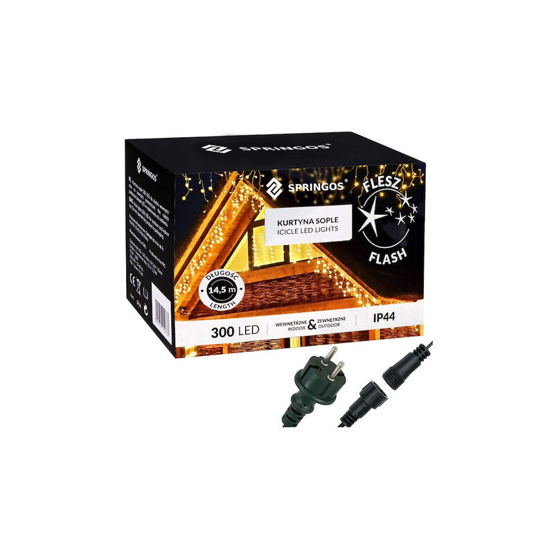 foto del prodotto tenda di luci a led 300, catena luminosa esterna fiocchi bianchi caldi flash.