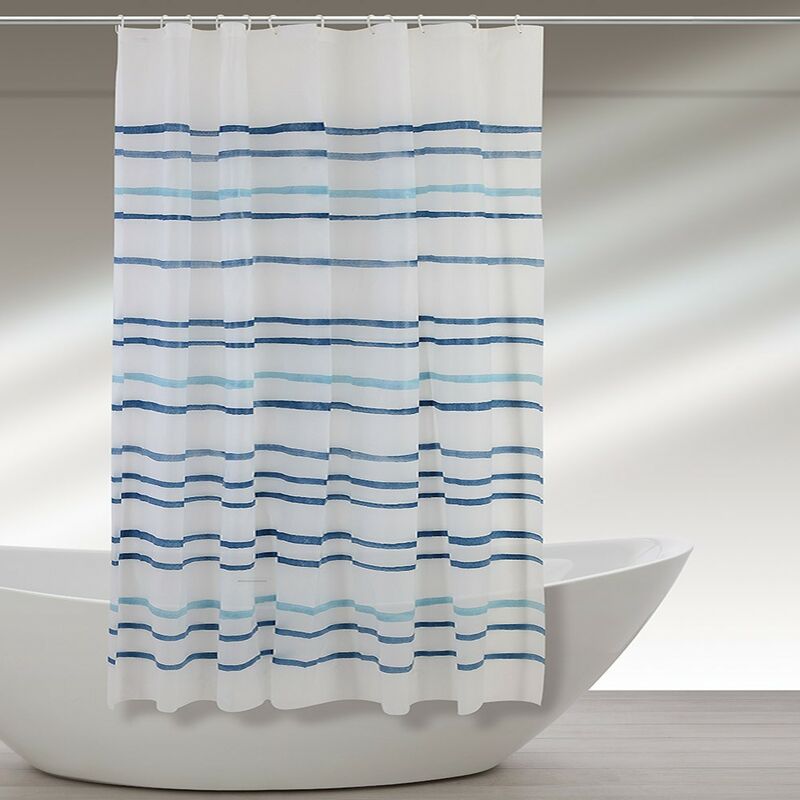 foto del prodotto tenda doccia 240x200cm in acrilico bianco dalle righe azzurre con ganci