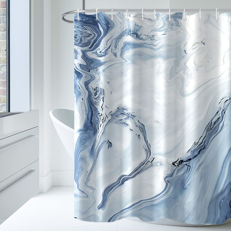 foto del prodotto tenda doccia con 12 ganci, tessuto marmo azzurro per bagno, 180x180cm