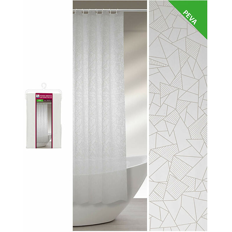 foto del prodotto tenda doccia da bagno con ganci bianca design geometrico in peva - formato: 120 x 200 cm
