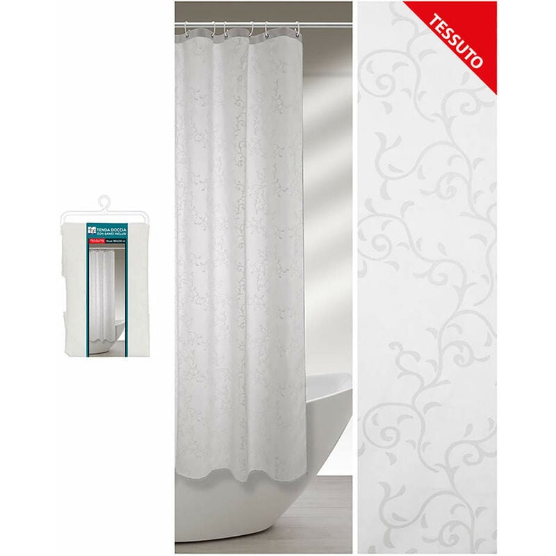foto del prodotto tenda doccia da bagno con ganci fantasia a rami bianca formato 180 x 200 cm