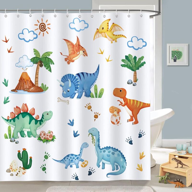 foto del prodotto tenda doccia dinosauro, tende bagno in poliestere impermeabile antimuffa lavabile tipo a 180x200cm