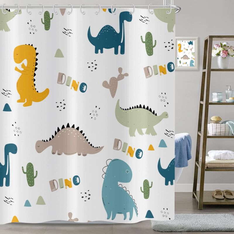 foto del prodotto tenda doccia dinosauro, tende bagno in poliestere impermeabile antimuffa lavabile tipo c 180x240cm