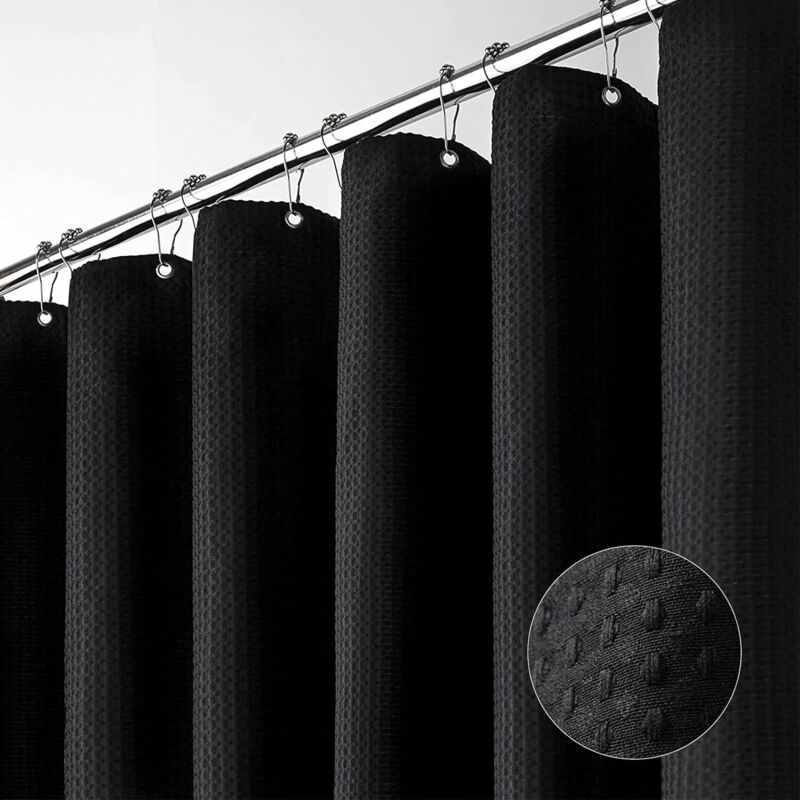 foto del prodotto tenda doccia waffle impermeabile, tenda vasca da bagno tessuto in poliestere antimuffa lavabile nero 180x200cm