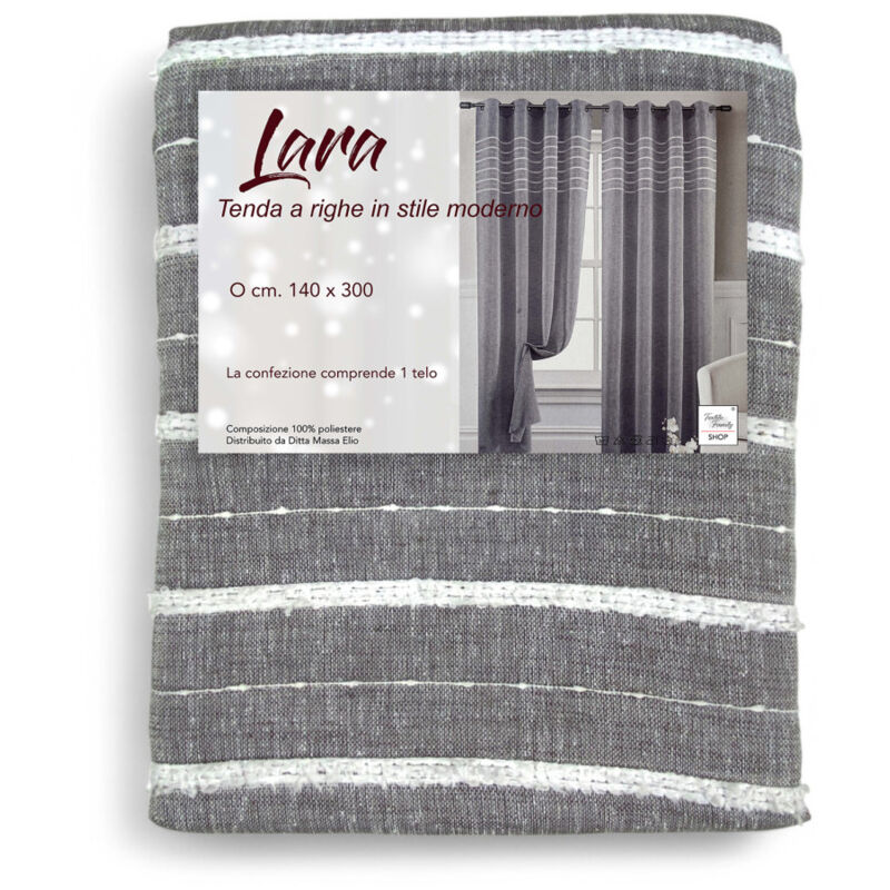 foto del prodotto tenda lara grigia a righe stile moderno poliestere semitrasparente con anelli in acciaio 140x300 cm