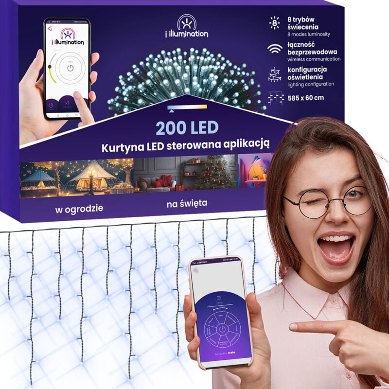 foto del prodotto tenda led per tutte le stagioni controllata dall app, ghirlanda con decorazioni luminose 200