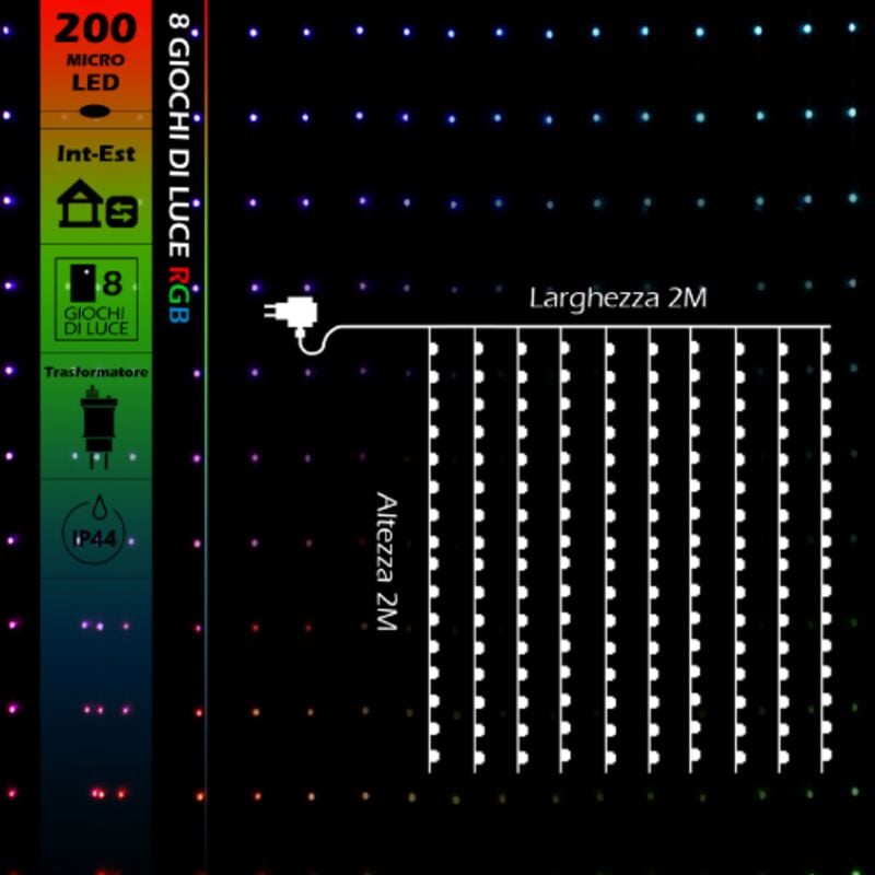foto del prodotto tenda luminosa 2x2 metri con 200 micro led rgb di natale con cavo trasparente 8 giochi di luce ip44 per uso esterno e interno rgb 2x2 metri - 200