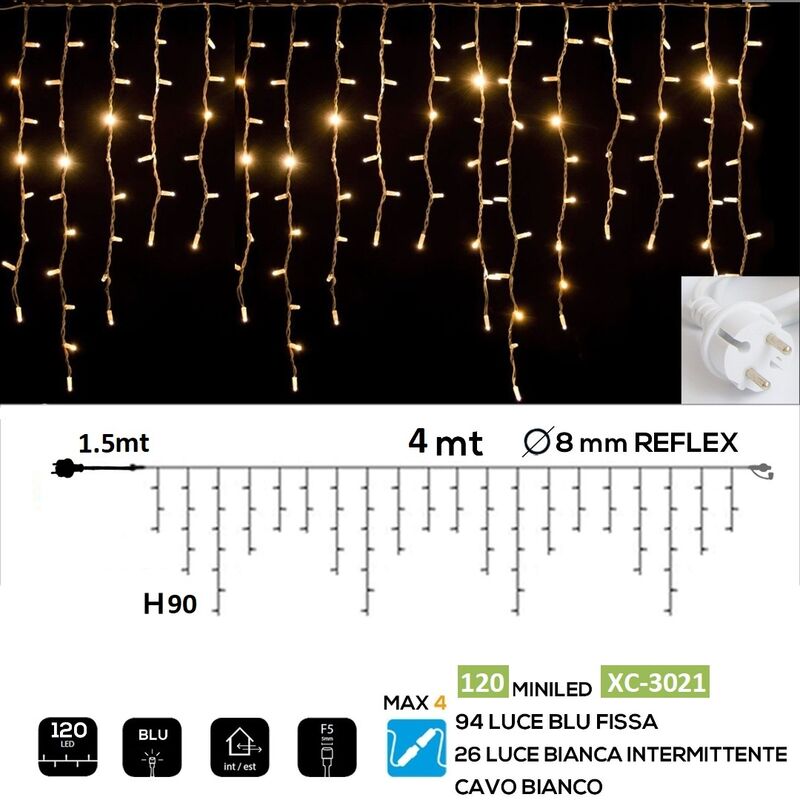 foto del prodotto tenda luminosa 4 mt catena luci per natale feste natalizie addobbo esterno impermeabile ip44 professionale calda