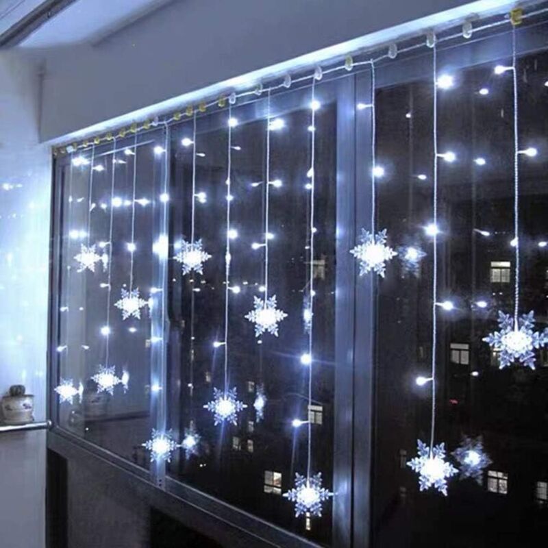 foto del prodotto tenda luminosa a forma di fiocco di neve, 4 m, 96 luci a led, decorazione per finestre, natale, matrimonio, compleanno bianco freddo