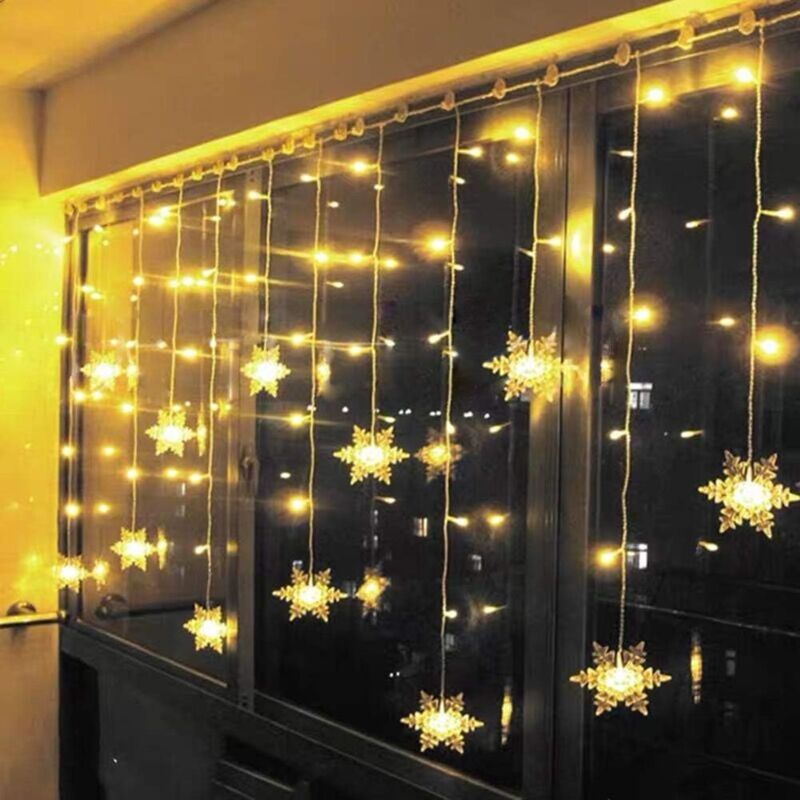 foto del prodotto tenda luminosa a forma di fiocco di neve, lucine da 4 m, decorazione per finestre, natale, matrimonio, compleanno bianco caldo