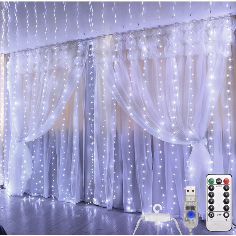 foto del prodotto tenda luminosa a led luci di natale 3x3 mt con attacco usb telecomando 8 giochi luce bianca fredda