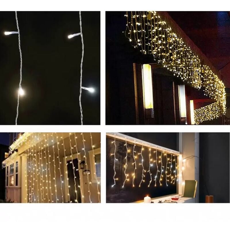 foto del prodotto tenda luminosa allungabile a 180 miniled con luci fisse e intermittenti per uso interno esterno luce bianca e oro 