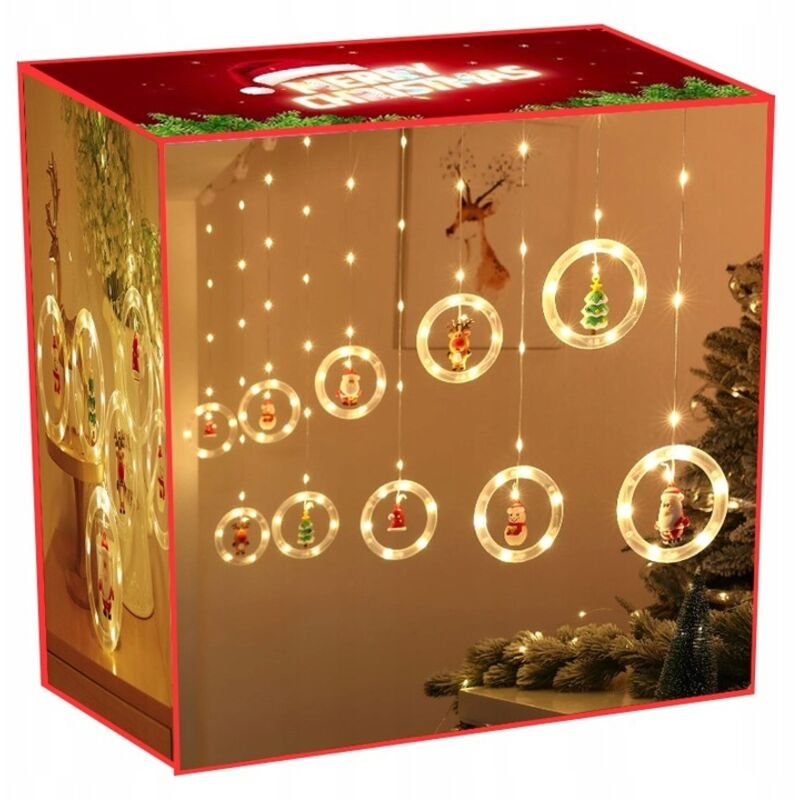foto del prodotto tenda luminosa con figurine ghirlanda natalizia per finestra, balcone, esterno