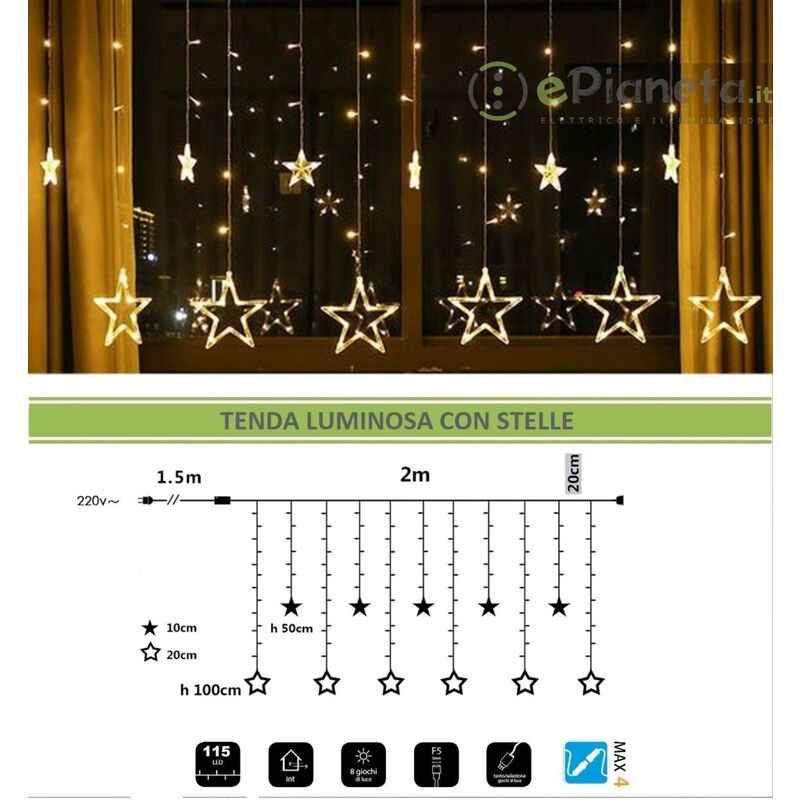 foto del prodotto tenda luminosa led con stelle 2x1 m luci di natale decorazioni natalizie stelline luce bianca calda per addobbo feste calda