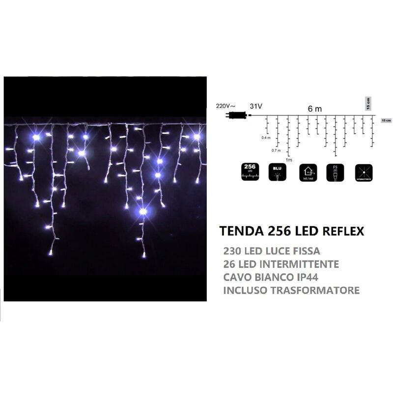 foto del prodotto tenda luminosa natalizia 256 luci led 6mt a flash di natale per feste uso esterno cavo bianco impermeabile a cascata bianco freddo
