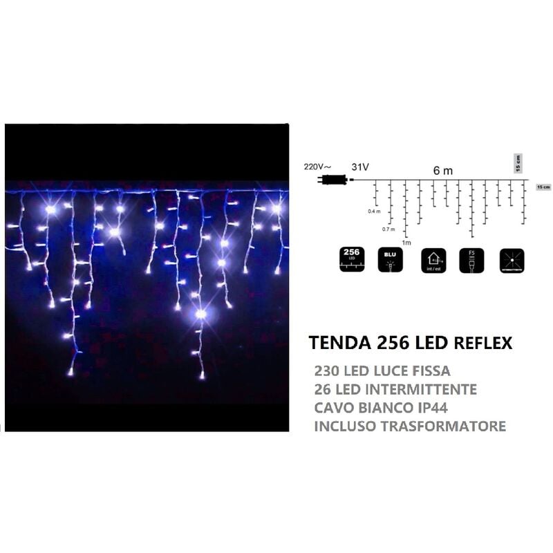 foto del prodotto tenda luminosa natalizia 256 luci led 6mt a flash di natale per feste uso esterno cavo bianco impermeabile a cascata blu