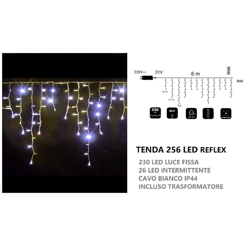 foto del prodotto tenda luminosa natalizia 256 luci led 6mt a flash di natale per feste uso esterno cavo bianco impermeabile a cascata calda