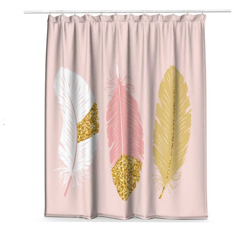 foto del prodotto tenda moderna per doccia vasca da bagno impermeabile pvc 12 ganci decorazione piume oro e rosa 200x180 cm