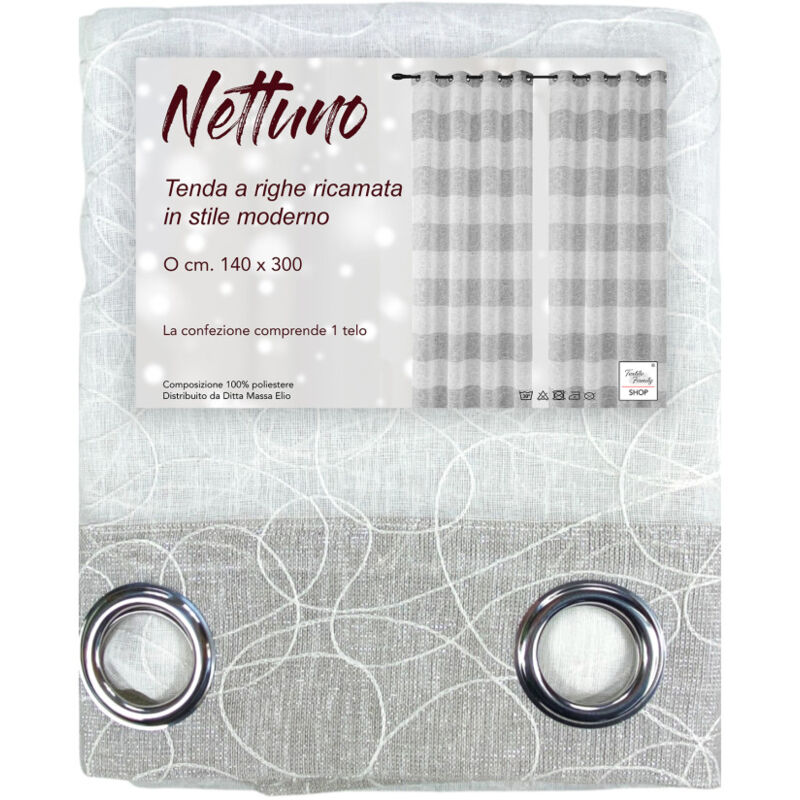 foto del prodotto tenda nettuno ricamata a righe 140x300 cm beige con lurex stile moderno poliestere semitrasparente con anelli
