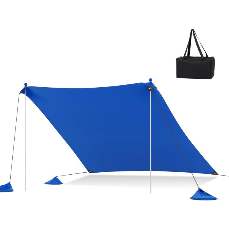 foto del prodotto tenda ombreggiante da spiaggia, parasole da esterno con sacchi di sabbia, 2 pali in alluminio, borsa da trasporto, rifugio solare portatile per