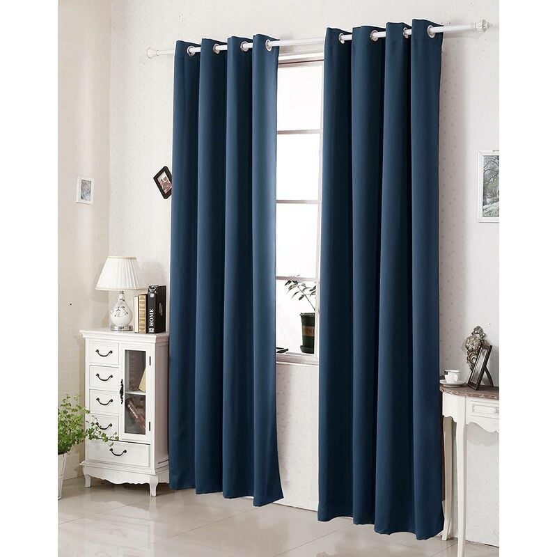 foto del prodotto tenda oscurante per finestre con occhielli per camera da letto. 2 pannelli blu scuro ,tenda senza cinghie woltu