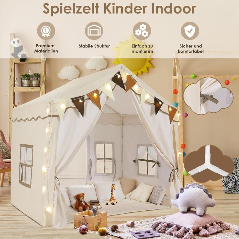 foto del prodotto tenda per bambini, tenda da gioco, tenda indiana per bambini con tappeto e luci, cabina per bambini da interno, 136x95x133 cm, tenda per bambini da