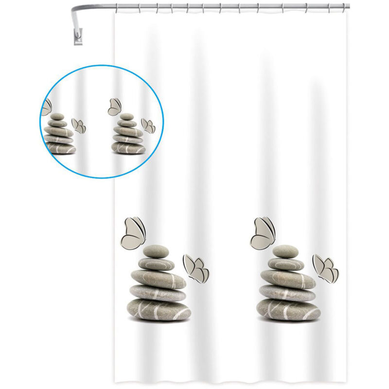 foto del prodotto tenda per doccia vasca da bagno impermeabile peva 12 ganci con fondo bianco decorazione con sassi stile shabby chic 240x200 cm