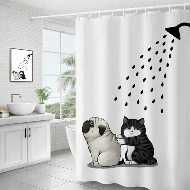 foto del prodotto tenda per doccia vasca da bagno impermeabile pvc 12 ganci decorata con cane e gatto 200x180 cm