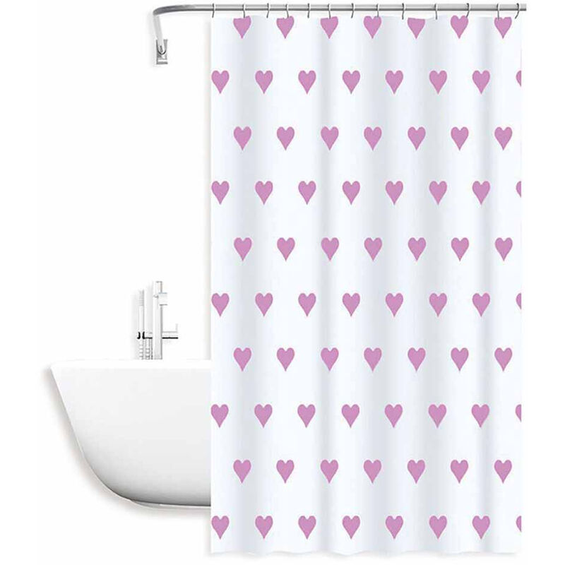 foto del prodotto tenda per doccia vasca da bagno impermeabile pvc 12 ganci decorata con cuori rosa 200x240 cm