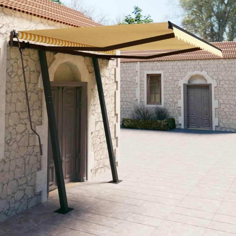 foto del prodotto tenda sole retrattile manuale con pali 3,5x2,5m gialla bianca vidaxl 370814
