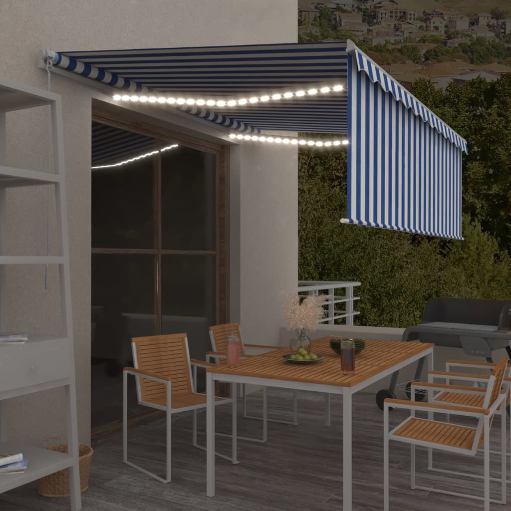 foto del prodotto tenda sole retrattile manuale parasole e led 4x3 m blu e bianco cod mxl 43693