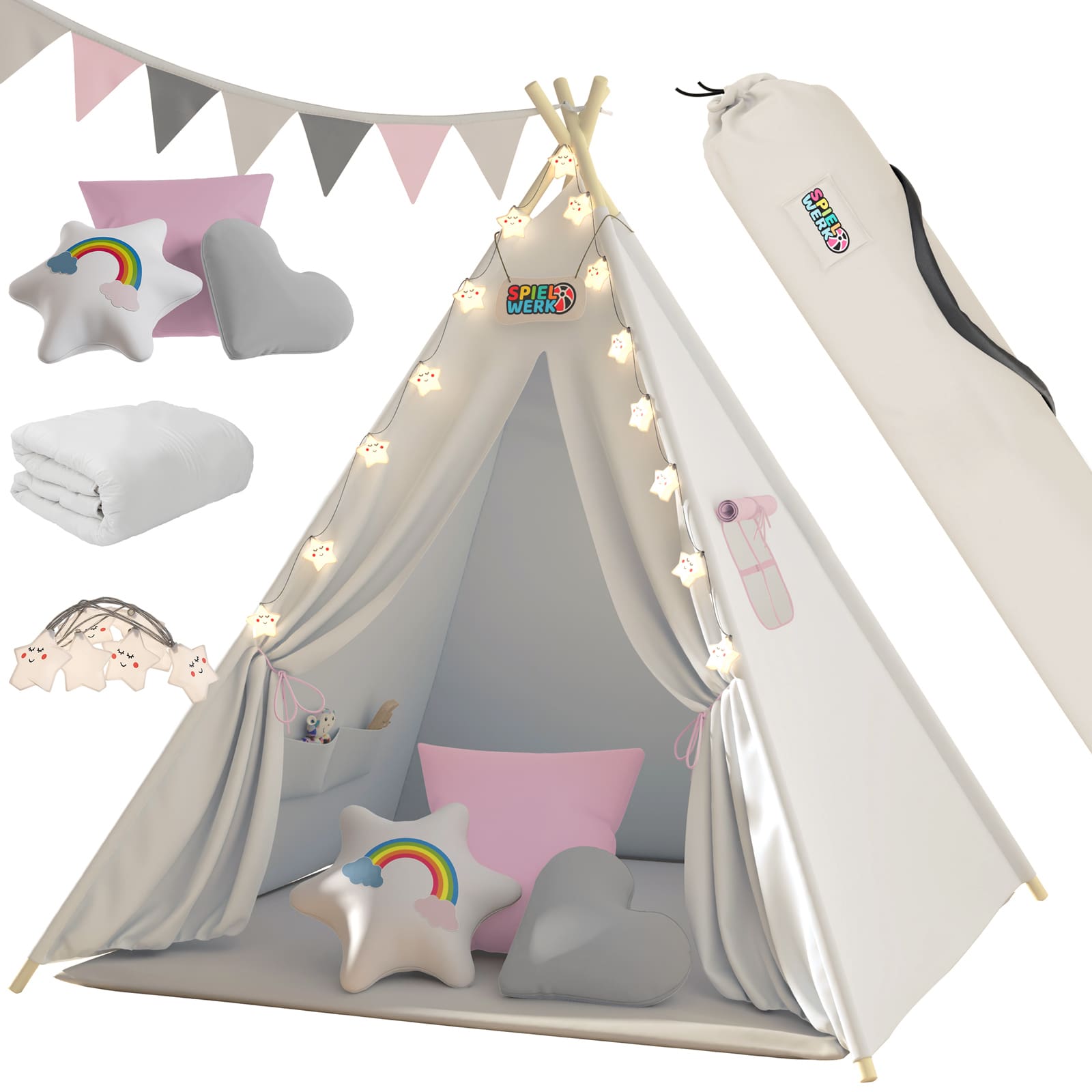 foto del prodotto tenda teepee per bambini bianco rosa 160x130x130cm